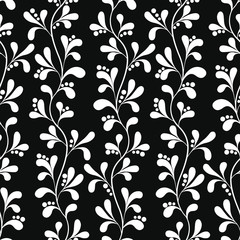 Floral seamless pattern with vertical branches and leaves. Abstract vector design for fabrics, wallpapers, gift boxes, greeting cards, web design.