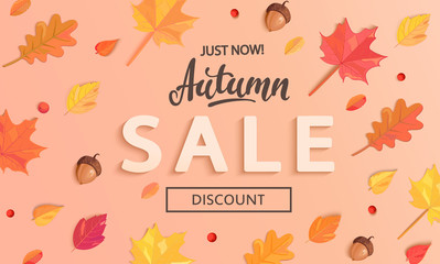 Fototapeta na wymiar Autumn Sale banner with fall leaves, end or mid season 50 percent discount poster.Invitation for shopping, special offer card, template design for promotions. Vector illustration.