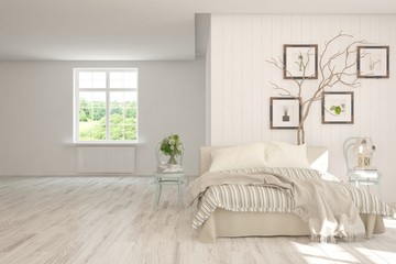 Stylish bedroom in white color. Scandinavian interior design. 3D illustration