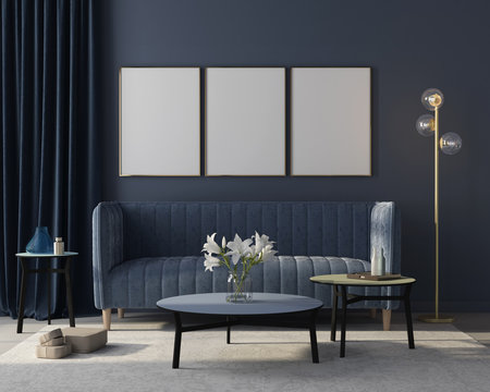 Mock Up Interior Of The Living Room In Monochrome Blue With Three Posters. 3d Render