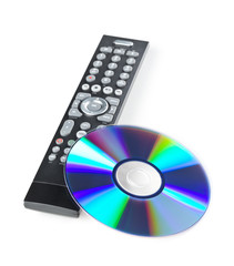 DVD, CD-ROM or Blu-Ray disc with tv or disc player remote control on white background. Home theatre...