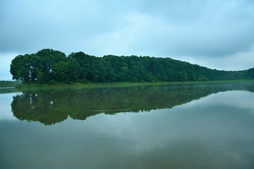 a green forest mirrored in the lake