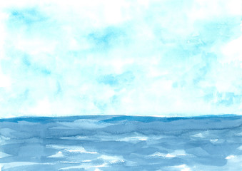 hand drawn watercolor illustration of blue sky and sea, natural landscape background