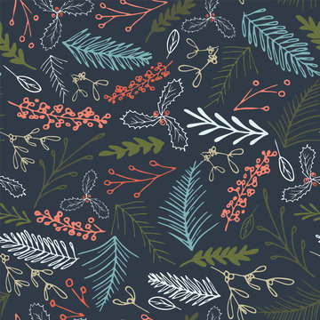 Vector winter foliage seamless pattern. Elegant retro doodle style holiday season print background design.