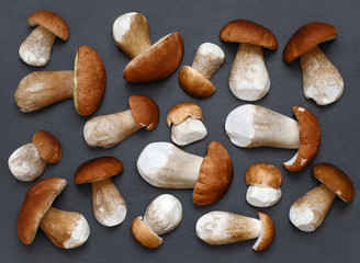 Food background. Boletus edulis, cep, porcino, porcini, penny bun, boletus, cepe. Peeled fresh mushrooms on the gray stone cutting board. Mushrooms background.