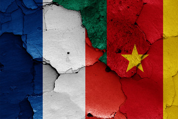 flags of France and Cameroon painted on cracked wall