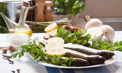 Still life cooking trout with spices