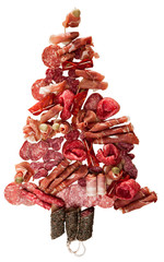 Christmas tree made of sausage on a background of a wooden wall