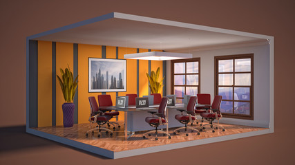 Fototapeta na wymiar Office interior in a box. 3D illustration
