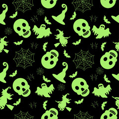 Naklejka premium Abstract seamless halloween pattern for girls or boys. Creative vector background with witch, bat, ghost. Funny pattern for textile and fabric. Fashion halloween witch style. Colorful bright picture