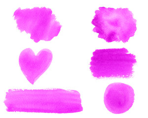 Hand painted abstract Watercolor Wet neon pink trendy brush stroke set isolated on white background.