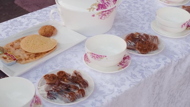 Bowl Of Moroccan Harira Soup,chebakia, Dates For Iftar Ramadan kareem street breakfast