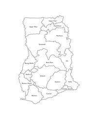 Vector isolated illustration of simplified administrative map of Ghana. Borders and names of the regions. Black line silhouettes