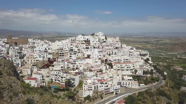 Mojacar, Spain small tourist hillside town, aerial view