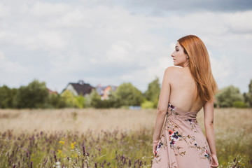 Country vintage mix style,  elegant woman in soft  cotton light dress at field . Portrait of nice lady at meadow