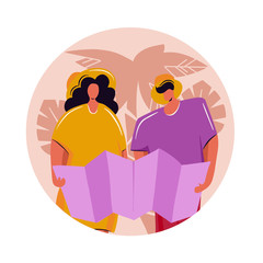 Couple of young people, man and woman with backpacks traveling on holiday trip.Looking the map to find new adventures.Vacation tropical background.Vector illustration with flat cartoon characters.