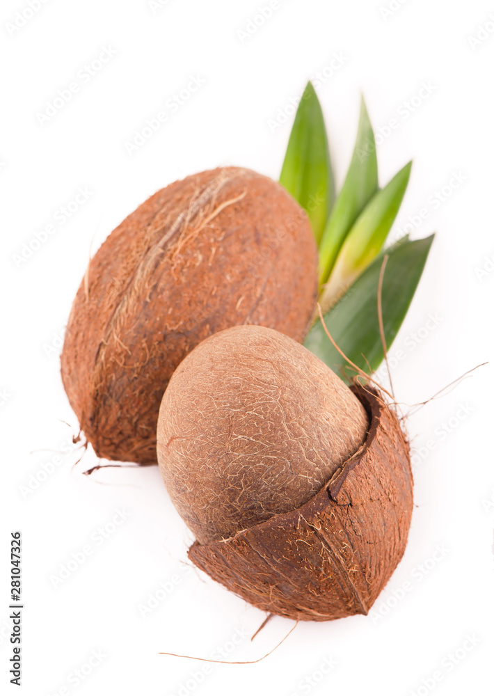 Poster Coconut with half and leaves on white background