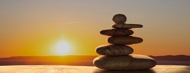 Zen stones on sunrise background. 3d illustration