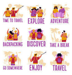 Group of young tourists, men and women with backpacks on holiday trip.Taking a photo with phone camera and looking the map.Travel tropical background.Vector illustration set flat cartoon characters.