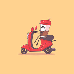Coffee delivery. Cute courier character on the moped. Vector cartoon illustration isolated on background.