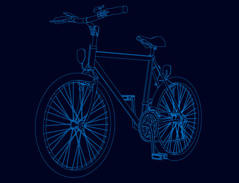 Contour of the bike of the blue lines on a dark background. Vector illustration