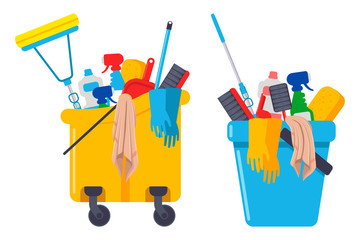 Cleaning supplies and equipments in bucket vector cartoon set isolated on a white background.