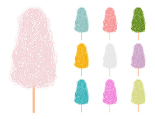 Cotton candy vector cartoon set in different color isolated on a white background.