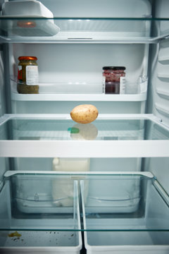 View Looking Inside Refrigerator Empty Except For Potato On Shelf