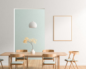 Mock up poster frame in spacious modern dining room with wooden chairs and table.  Minimalist...