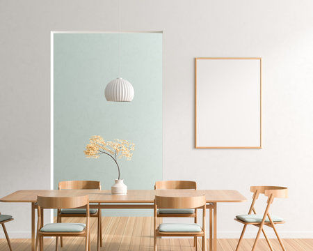 Mock up poster frame in spacious modern dining room with wooden chairs and table.  Minimalist dining room design. 3D illustration.