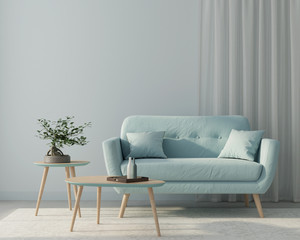 Living room with a blue sofa and a stylish wooden tables. 3d render