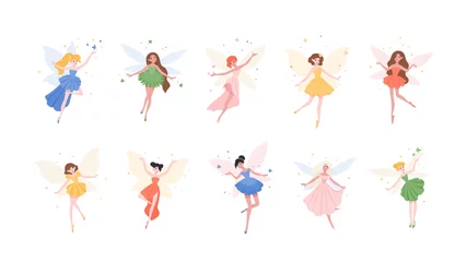 Fototapeten Bundle of funny gorgeous fairies in different dresses isolated on white background. Set of mythological or folkloric winged magical creatures, flying fairytale characters. Flat vector illustration. © Good Studio