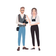 Cute man and surprised woman photographers isolated on white background. Pair of funny photo journalists with professional equipment standing together. Flat cartoon colorful vector illustration.