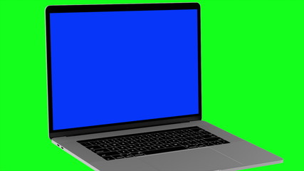 4K Video. Laptop (Notebook) Turning On With blue Screen On A Green Background.