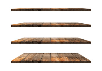 A collection of brown wooden shelves on a white background that separates the objects. There are Clipping Paths for the designs and decoration