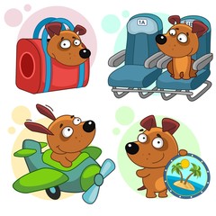Set of children's illustrations for children and design. A dog in a bag, luggage, Sits on a seat in an airplane, flies in an airplane, holds a souvenir.