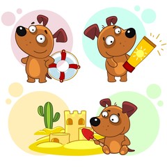Set of children's illustrations for children and design. A dog with sunblock for sunburn, with a life preserver, on the beach with a cactus and a shovel builds a sand castle.