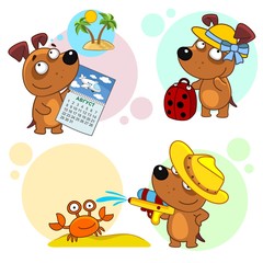Set of children's illustrations for children and design. A dog with a calendar, plans to rest, travels with a suitcase, shoots a crab from a water pistol.