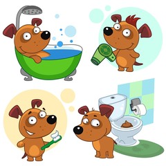 Set of children's illustrations for children and design. The dog washes in the shower in the bathroom, stands with a hairdryer and dries hair, cleans teeth, shit in the toilet.