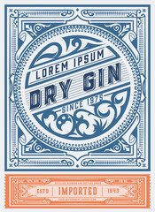 Vintage Gin label. Vector layered - obrazy, fototapety, plakaty