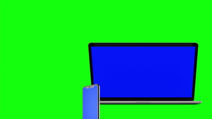 4K Video. Laptops (Notebook) and smartphone Turning On With blue Screen On A Green Background.