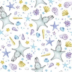 Wall murals Rabbit Cute seamless pattern with watercolor rabbits.