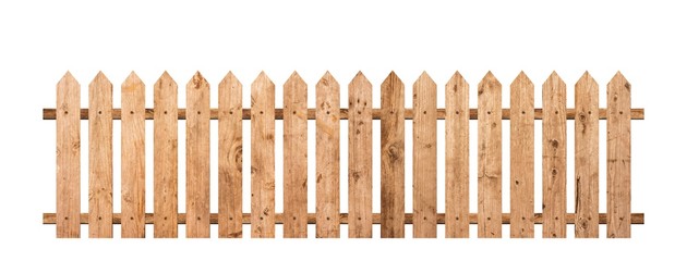 Brown wooden fence isolated on a white background that separates the objects. There are Clipping Paths for the designs and decoration