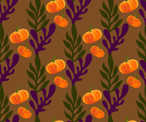 Vector autumn leaves and pumpkin, halloween pattern. Floral stock vector illustration