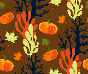 Naklejka premium Vector autumn leaves and pumpkin, halloween pattern. Floral stock vector illustration
