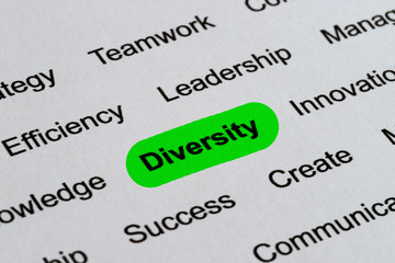 Fototapeta premium Diversity - Ethics Business Buzzwords, printed on white paper and hihglighted