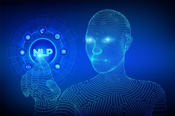 NLP. Natural language processing cognitive computing technology concept on virtual screen. Natural language scince concept. Wireframed cyborg hand touching digital interface. Vector illustration.