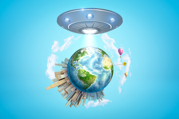 3d rendering of silver metal UFO above colored earth globe with city buildings, air balloons and yellow sign on blue sky background