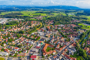 WANGEN IM ALLGAU, GERMANY - July 21.2019: Aerial view from drone to the ancient historic medieval...
