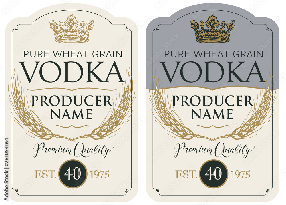 Wall mural set of two vector labels for vodka in the figured frame with crown, ears of wheat and inscriptions i